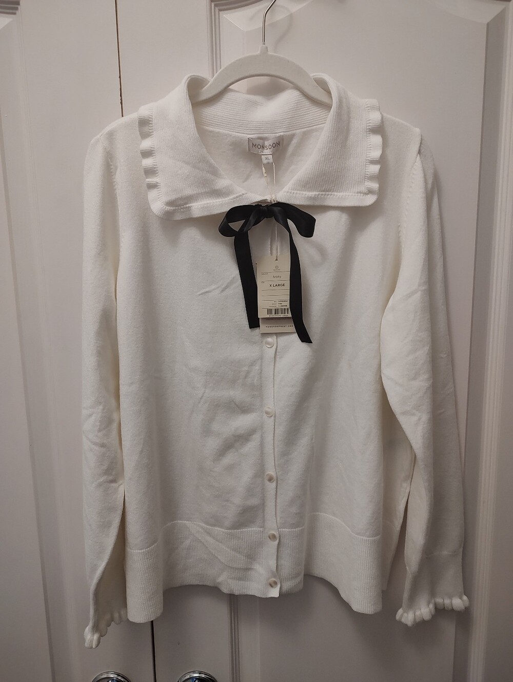Monsoon Ivory Button-Down Knit Top with Black Ribbon Tie